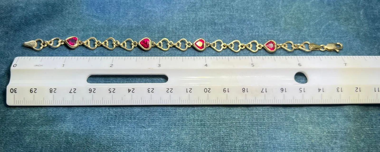 10k Yellow Gold Red Garnet Solid Heart Bracelet. Antique