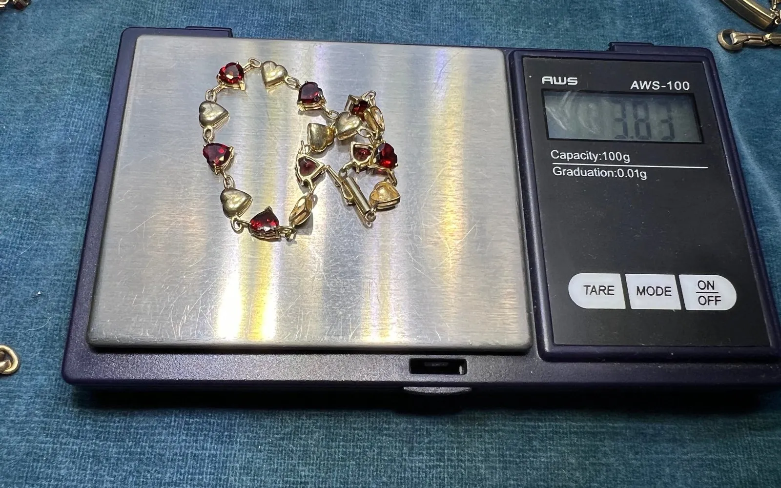 10k Yellow Gold Red Garnet Solid Heart Bracelet. Antique