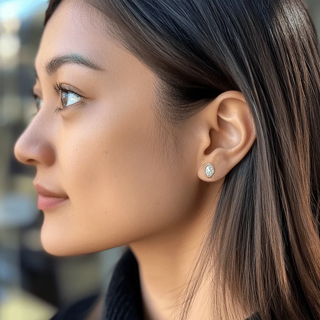 14K & 18K Gold Oval Bezel Set Diamond Stud Earrings, lab grown