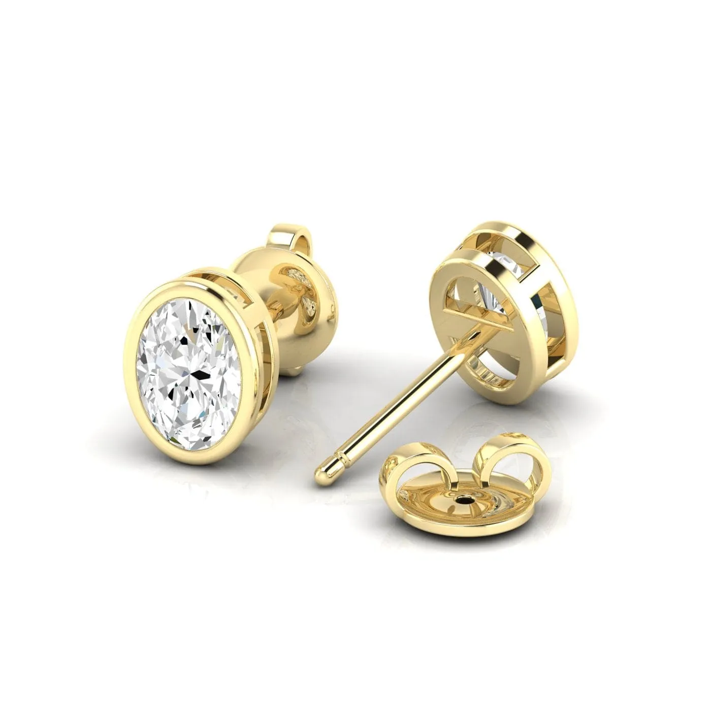 14K & 18K Gold Oval Bezel Set Diamond Stud Earrings, lab grown