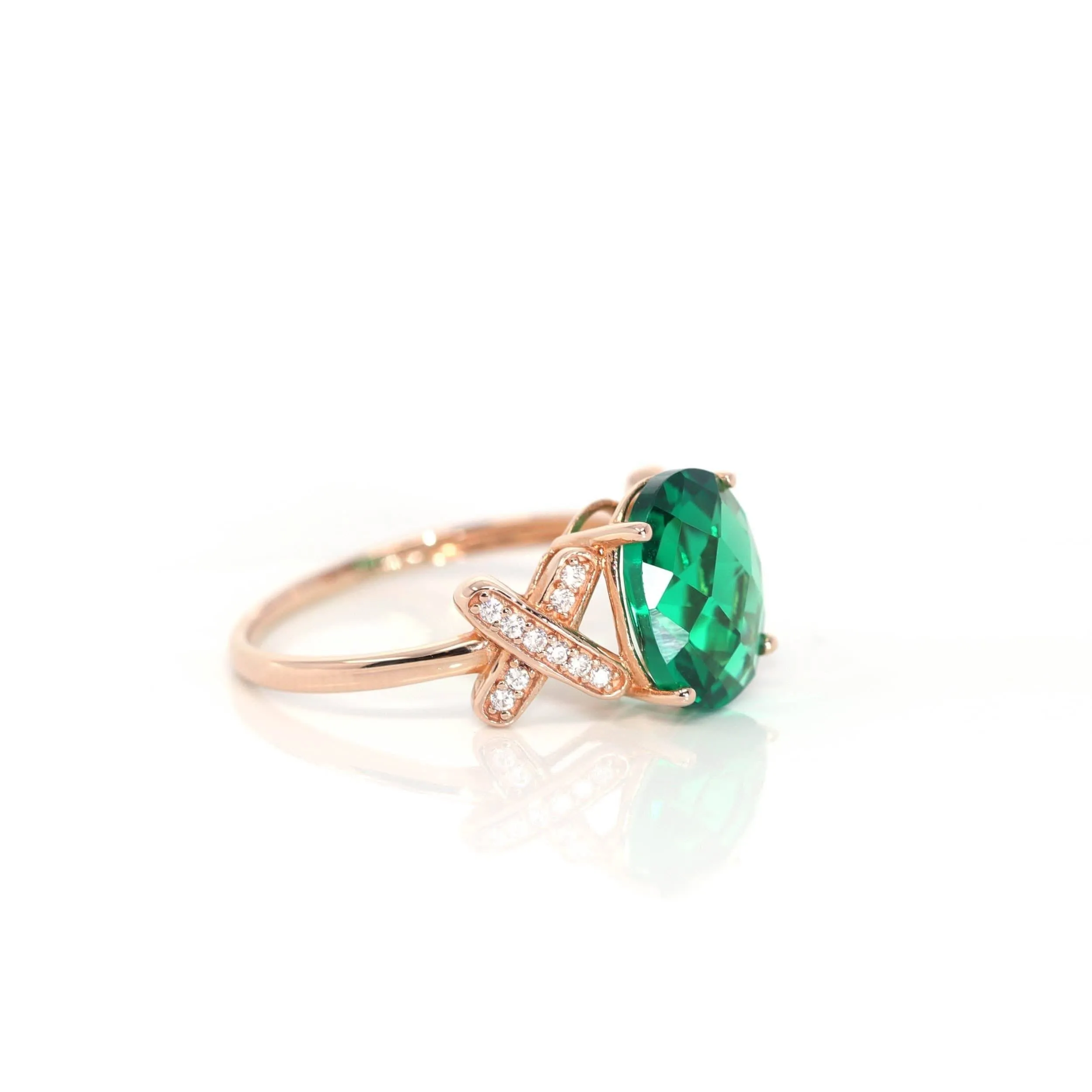 14k Rose Gold Lab-Created Emerald Ring With CZ