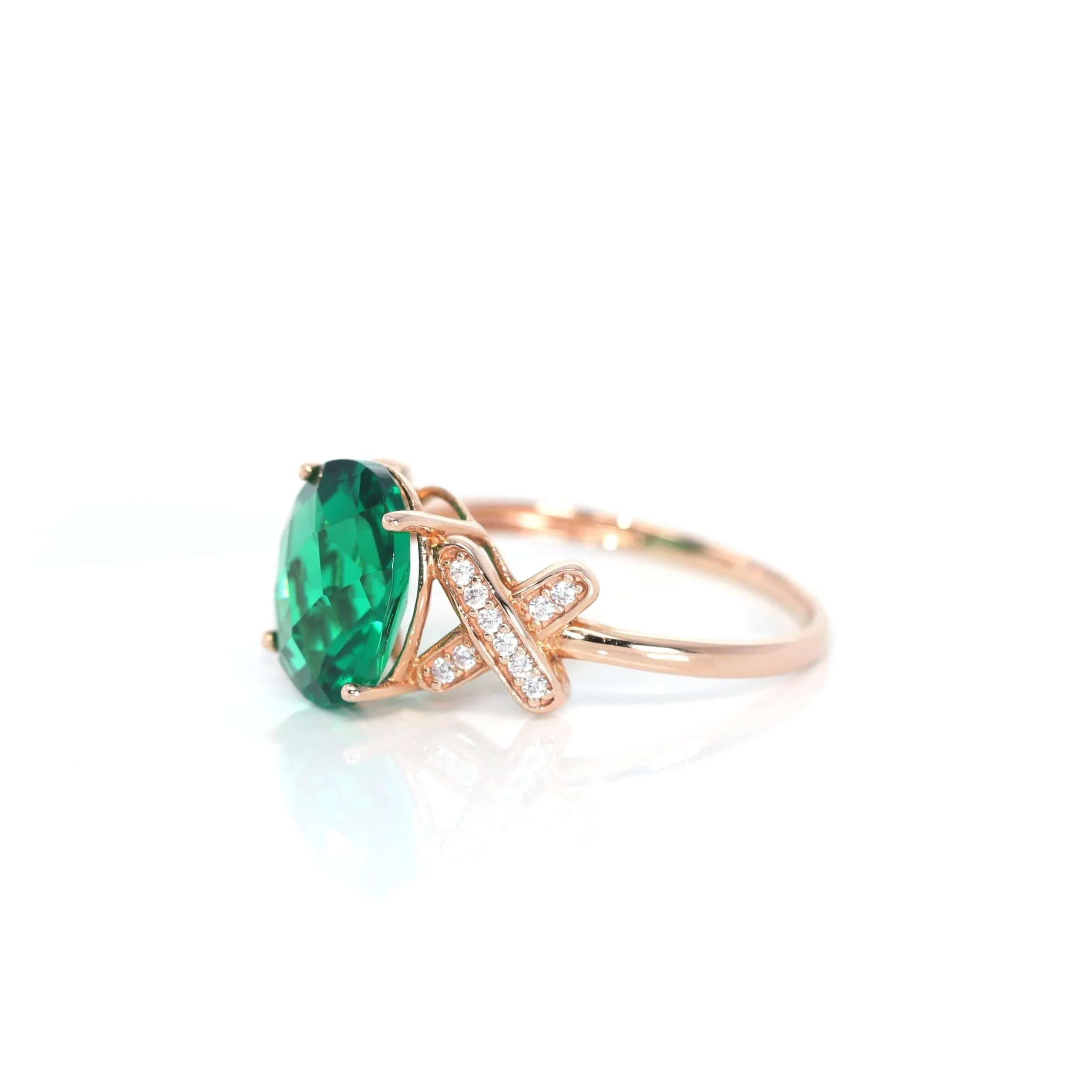 14k Rose Gold Lab-Created Emerald Ring With CZ