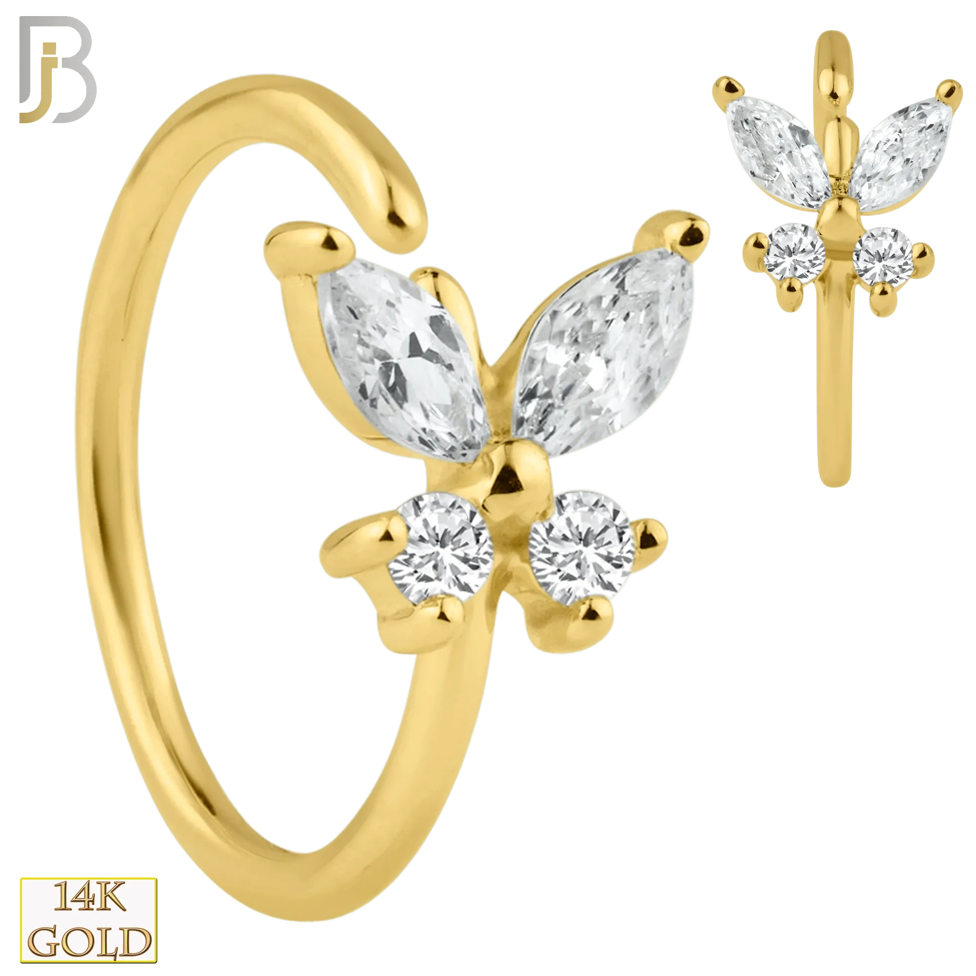 14K Solid Gold Butterfly with Zircon Nose Hoops