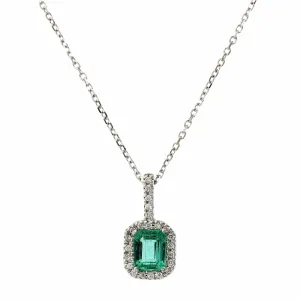 14K White Gold Emerald Cut Emerald Diamond Halo Pendant