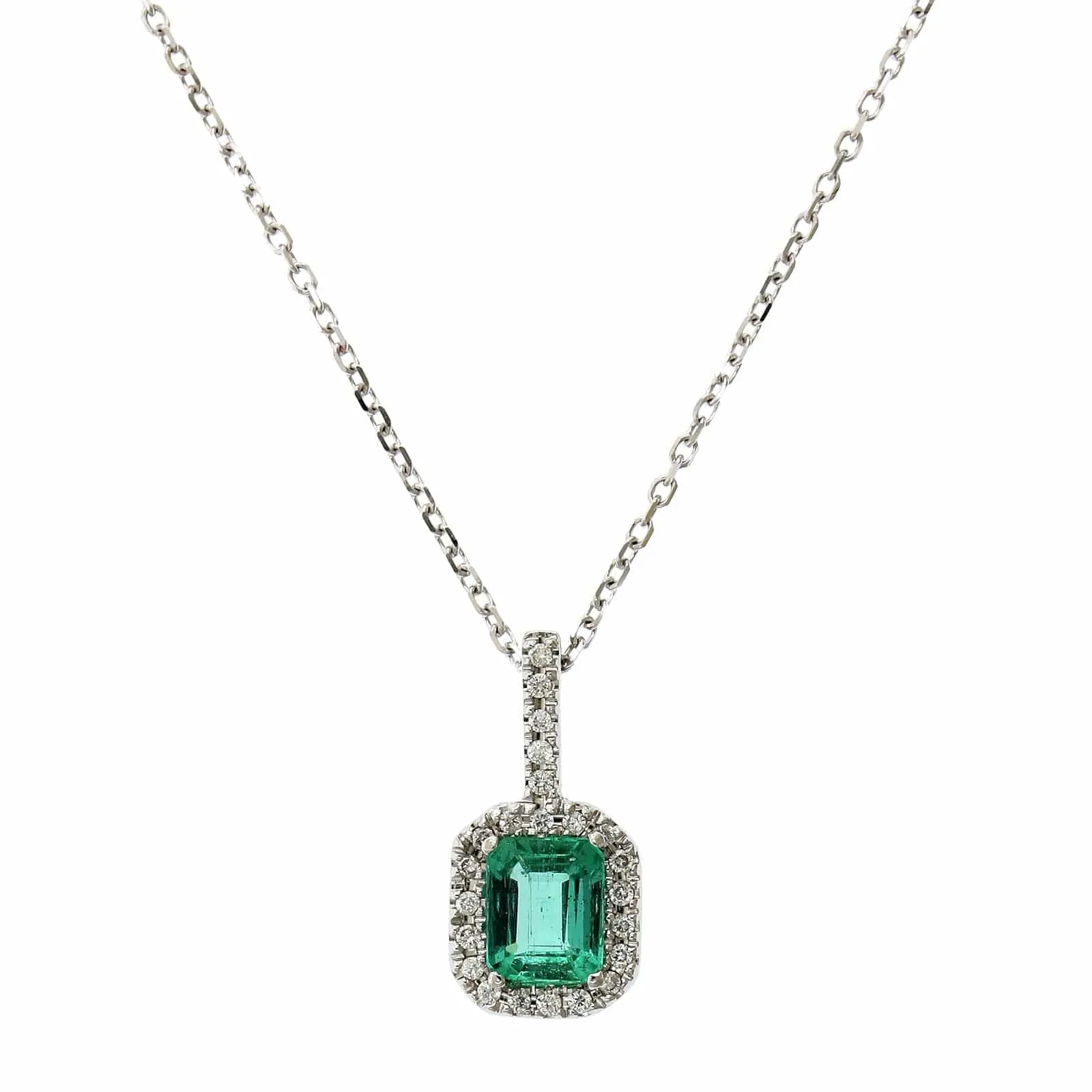 14K White Gold Emerald Cut Emerald Diamond Halo Pendant