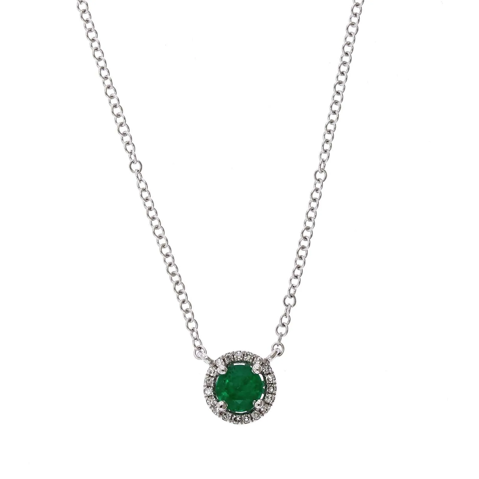 14K White Gold Emerald Diamond Halo Pendant