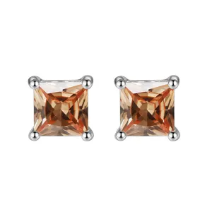 14k White Gold Plated 3 Carat Square Created Champagne Sapphire Stud Earrings