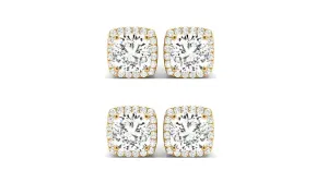 14k Yellow Gold 6mm 2Ct Cushion Cut White Sapphire Set Of Two Halo Stud Earrings Plated