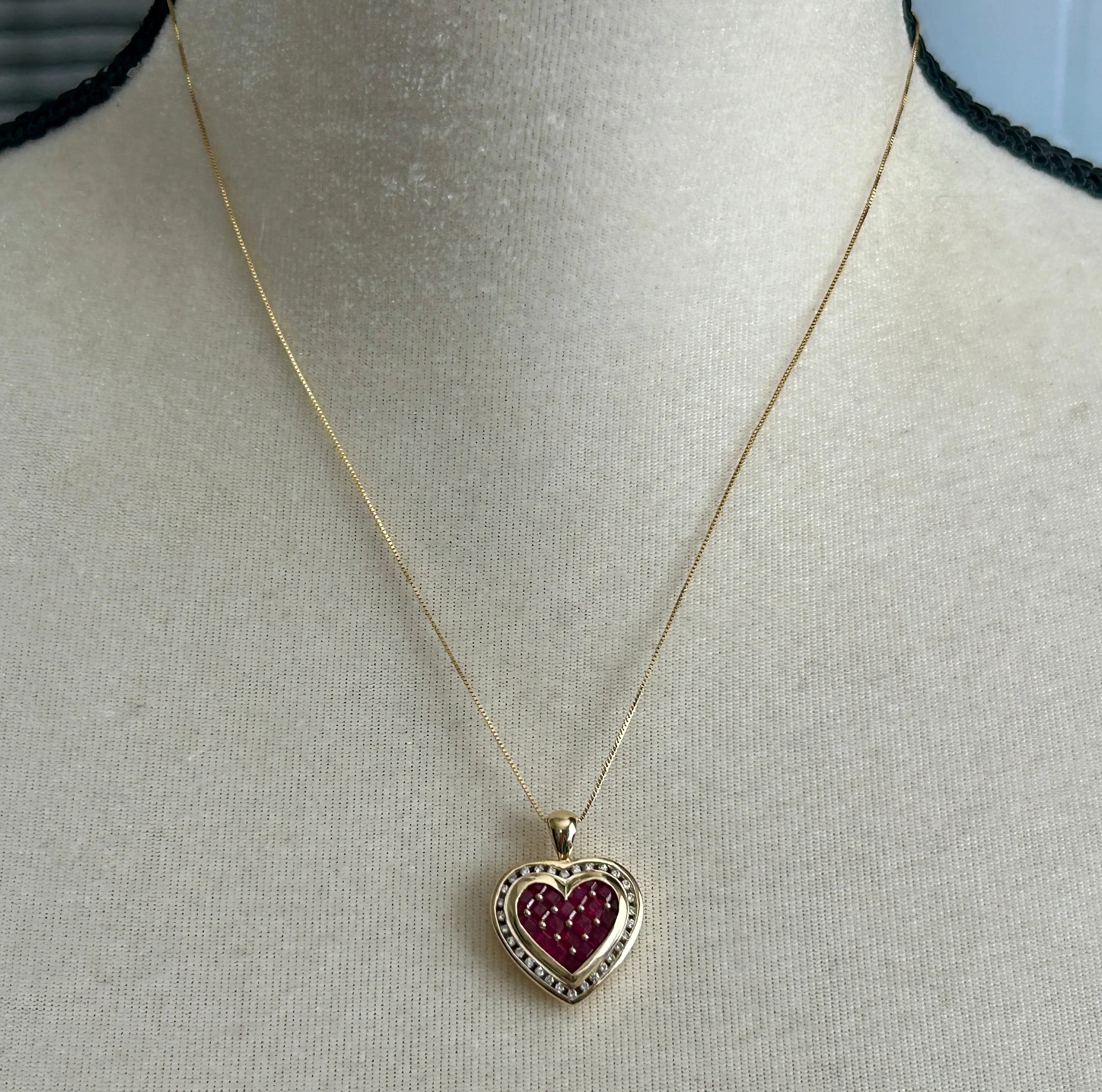 14k Yellow Gold Box Chain THL Keepsake Ruby Diamond Halo Heart Pendant Necklace
