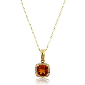 14K Yellow Gold Cushion Citrine Diamond Halo Necklace