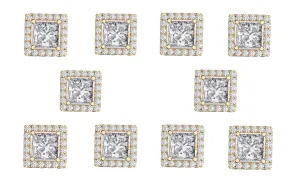 14k Yellow Gold Plated 1Ct Square Cut White Sapphire Set of Five Halo Stud Earrings