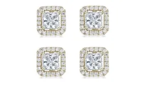 14k Yellow Gold Plated 4mm 1/2Ct Princess Cut White Sapphire Set of Two Halo Stud Earrings