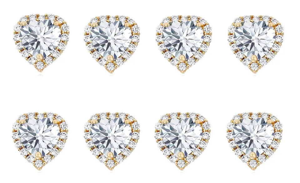 14k Yellow Gold Plated 4mm 2Ct Heart White Sapphire Set of Four Halo Stud Earrings
