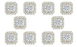14k Yellow Gold Plated 4mm 4Ct Princess Cut White Sapphire Set of Five Halo Stud Earrings
