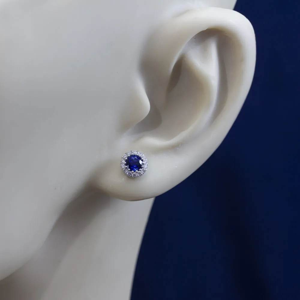 18ct White Gold Sapphire and Diamond Halo Cluster Studs Earrings