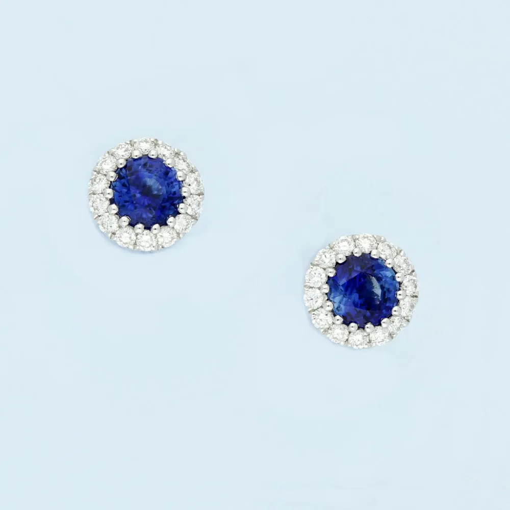 18ct White Gold Sapphire and Diamond Halo Cluster Studs Earrings