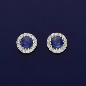 18ct White Gold Sapphire and Diamond Halo Cluster Studs Earrings