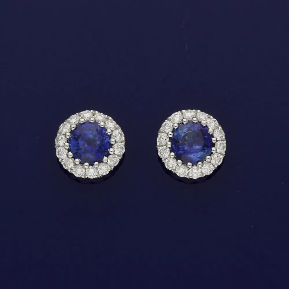 18ct White Gold Sapphire and Diamond Halo Cluster Studs Earrings