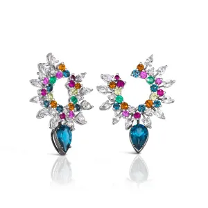 18k Amazonia (cocar) White Gold And Black Rhodium Earring With 0.27 Cts Vs-Gh Diamonds  And Ruby And Sapphire And Citrine And Topaz And Emerald And Peridot