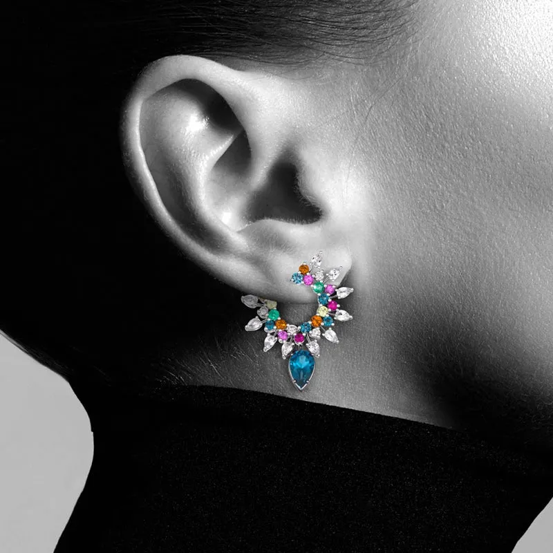 18k Amazonia (cocar) White Gold And Black Rhodium Earring With 0.27 Cts Vs-Gh Diamonds  And Ruby And Sapphire And Citrine And Topaz And Emerald And Peridot
