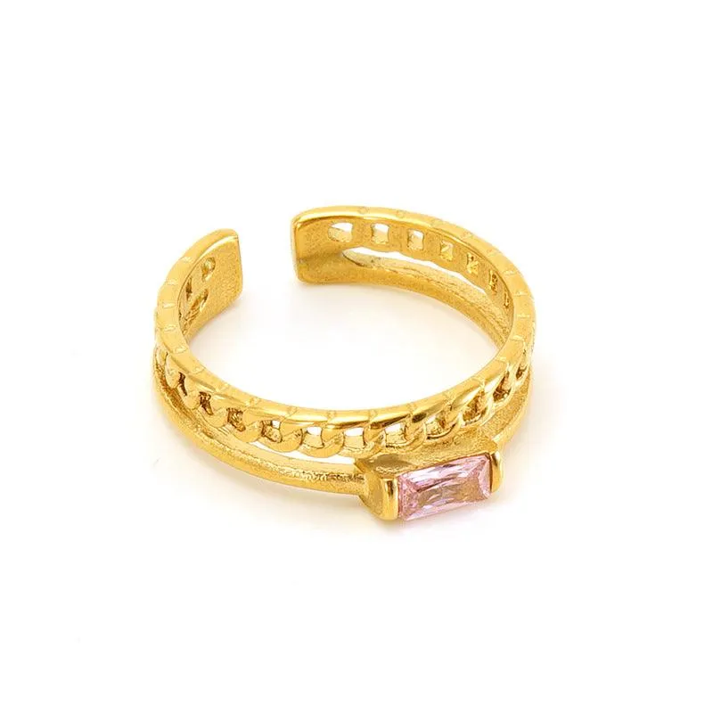 18K Gold Plated Stainless Steel Chain Ring with Pink Zircon Gemstone