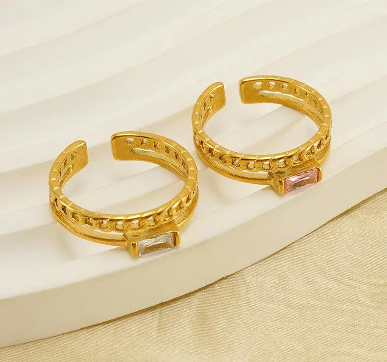 18K Gold Plated Stainless Steel Chain Ring with Pink Zircon Gemstone