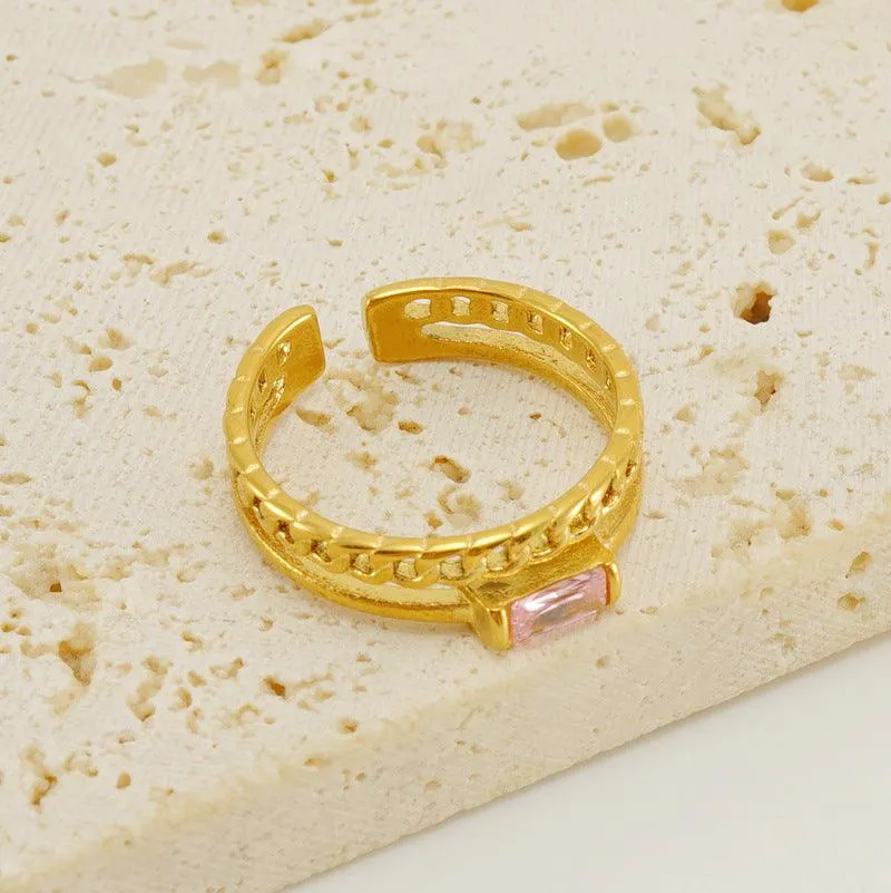 18K Gold Plated Stainless Steel Chain Ring with Pink Zircon Gemstone