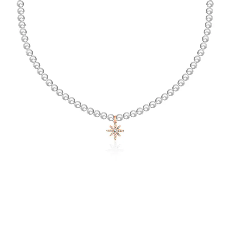 18k Gold Star Shape Diamond & Pearl Necklace