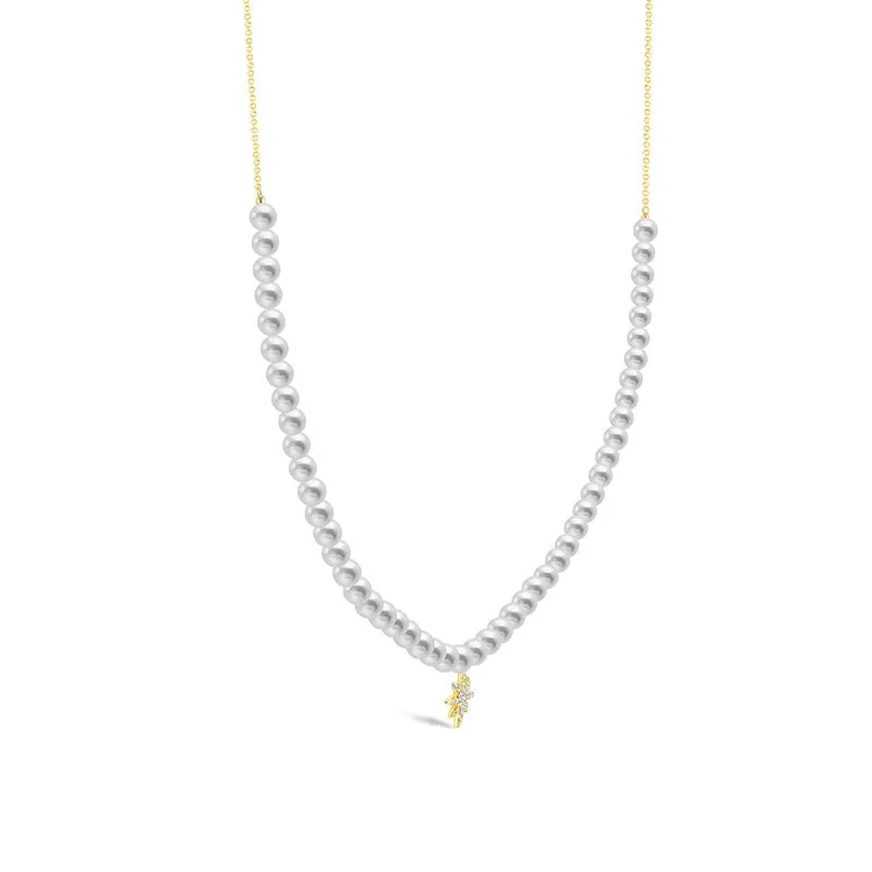 18k Gold Star Shape Diamond & Pearl Necklace