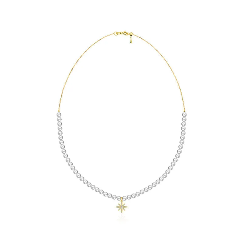 18k Gold Star Shape Diamond & Pearl Necklace