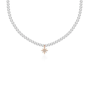 18k Gold Star Shape Diamond & Pearl Necklace