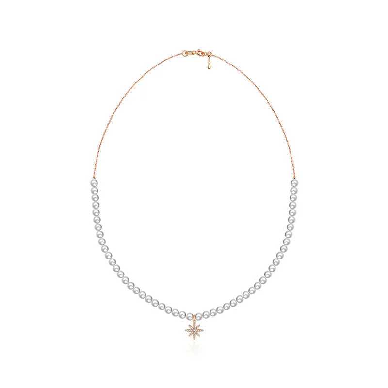 18k Gold Star Shape Diamond & Pearl Necklace