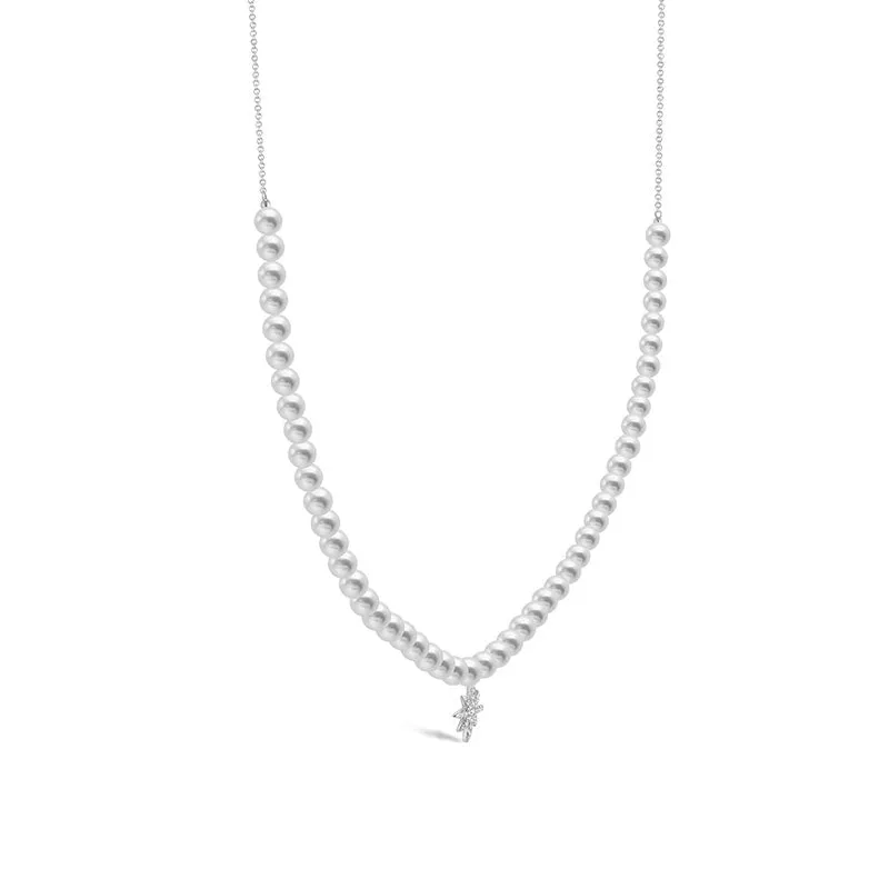 18k Gold Star Shape Diamond & Pearl Necklace