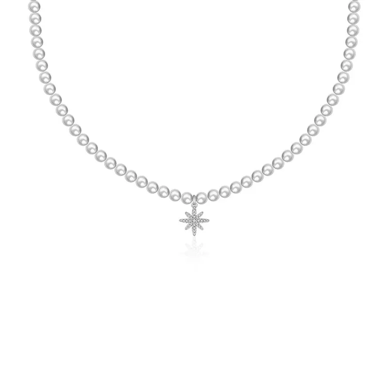 18k Gold Star Shape Diamond & Pearl Necklace