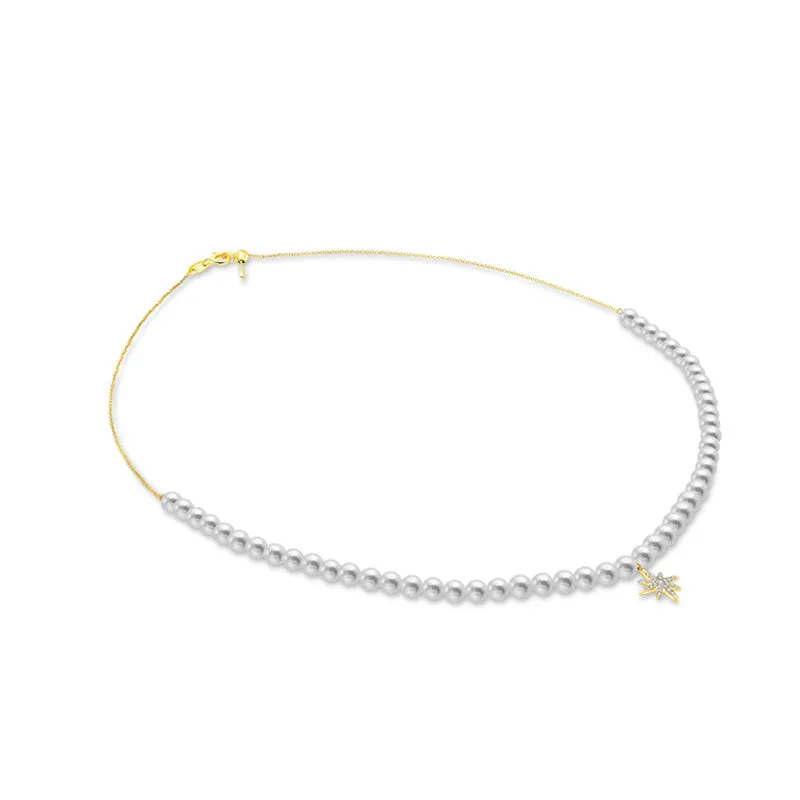 18k Gold Star Shape Diamond & Pearl Necklace