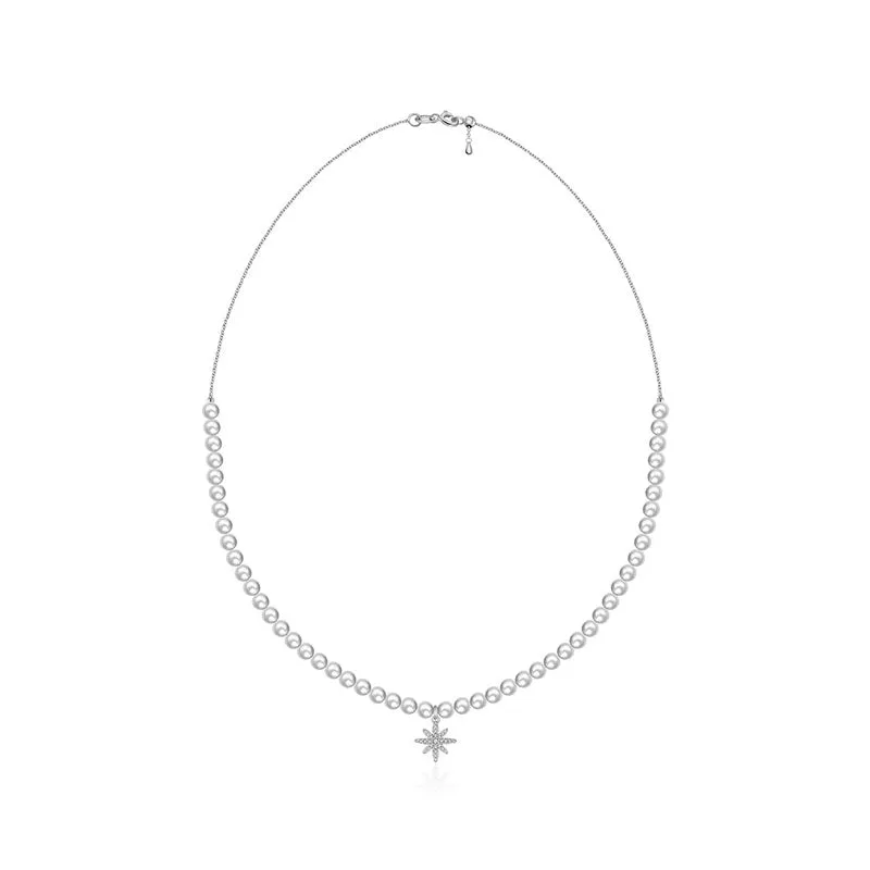 18k Gold Star Shape Diamond & Pearl Necklace