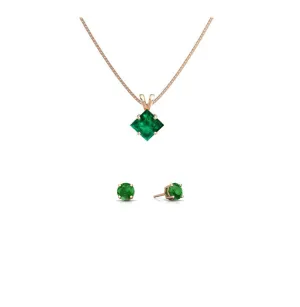 18K Rose Gold 1/2ct Emerald Square 18 Inch Necklace and Round Earrings Set Plated