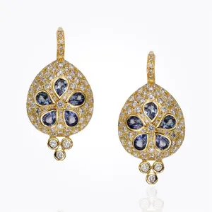 18K Sea Biscuit Earrings with blue sapphire and diamond pavé
