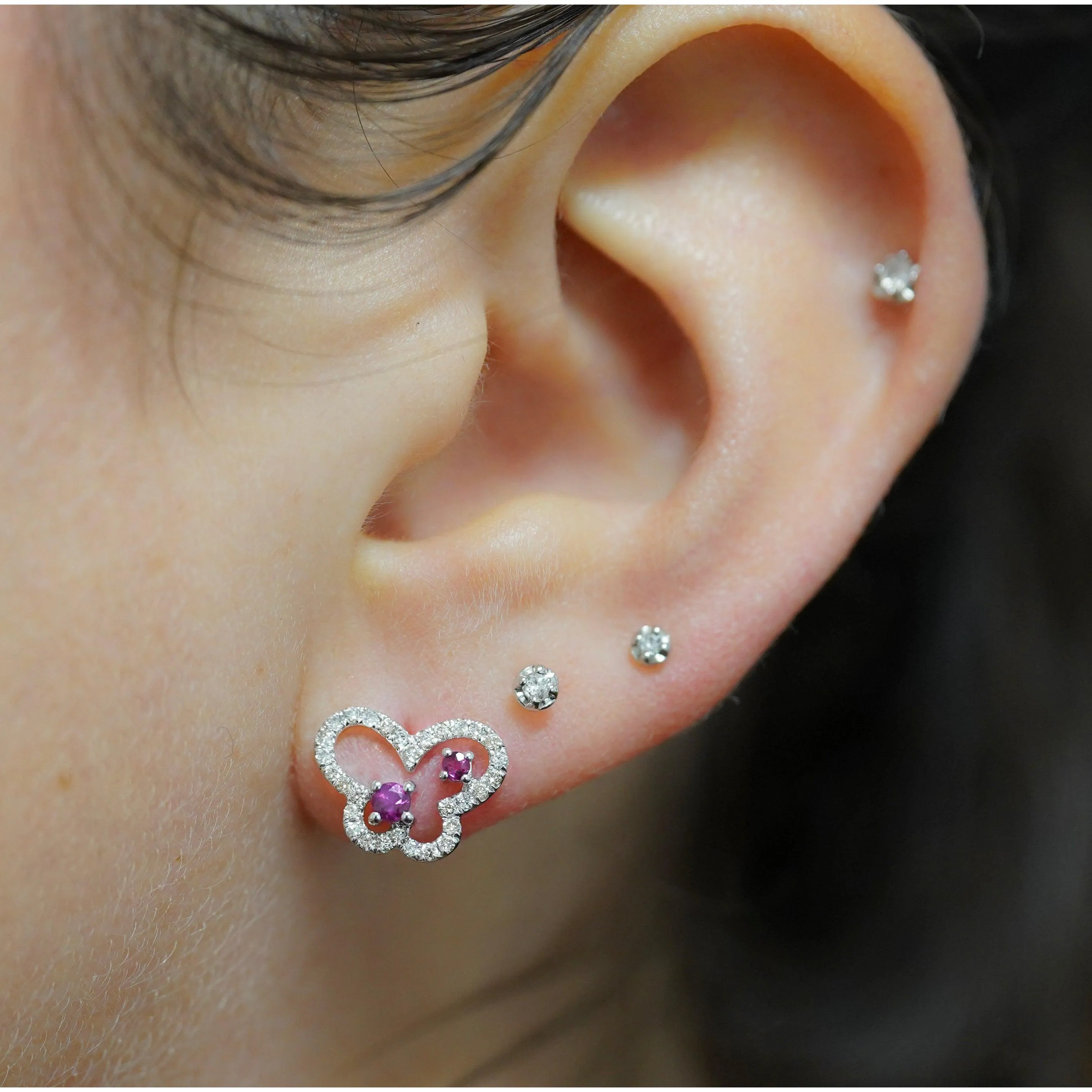 18K White Gold Ruby and Diamond Butterfly Outline Stud Earrings