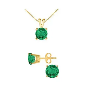 18K Yellow Gold 1ct Emerald Round 18 Inch Necklace and Earrings Set Plated