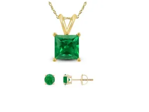18K Yellow Gold 2ct Emerald Square 18 Inch Necklace and Round Earrings Set Plated