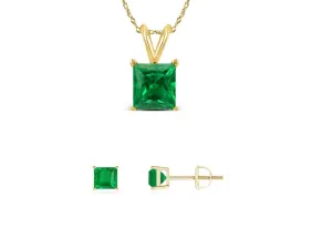 18K Yellow Gold 3ct Emerald Square 18 Inch Necklace and Earrings Set Plated