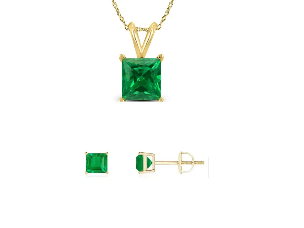 18K Yellow Gold 3ct Emerald Square 18 Inch Necklace and Earrings Set Plated
