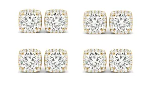 18k Yellow Gold 4mm 1Ct Cushion Cut White Sapphire Set Of Four Halo Stud Earrings Plated