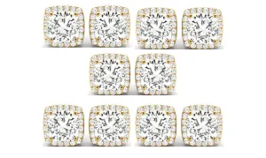 18k Yellow Gold 4mm 4Ct Cushion Cut White Sapphire Set Of Five Halo Stud Earrings Plated