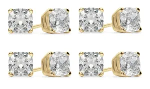 18k Yellow Gold 6mm 1/2Ct Cushion Cut White Sapphire Set Of Four Stud Earrings Plated