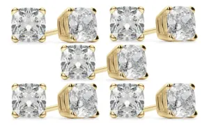 18k Yellow Gold 6mm 4Ct Cushion Cut White Sapphire Set Of Five Stud Earrings Plated