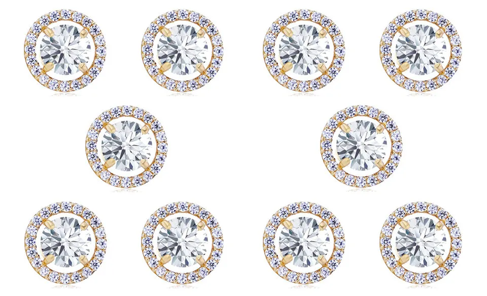 18k Yellow Gold Plated 1/2Ct Round White Sapphire Set Of Five Halo Stud Earrings