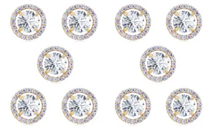 18k Yellow Gold Plated 1/2Ct Round White Sapphire Set Of Five Halo Stud Earrings