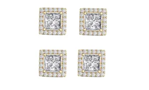 18k Yellow Gold Plated 1/2Ct Square Cut White Sapphire Set of Two Halo Stud Earrings